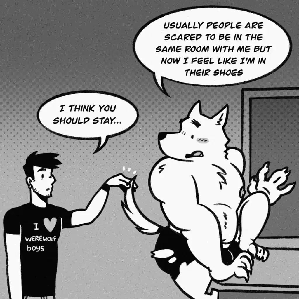 A black-and-white comic panel shows a human man in a t-shirt that reads 'I ❤️ WEREWOLF boys' holding the paw of a large…