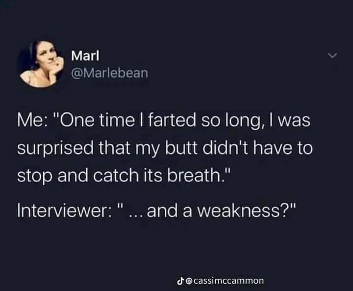 A screenshot of a tweet by user Marl (@Marlebean) shows a humorous exchange where the user recounts a long fart as a…