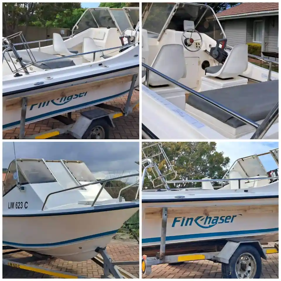 A four-panel collage shows a white motorboat with blue trim, named 'Fin Chaser', parked on a trailer. The boat has a simple…