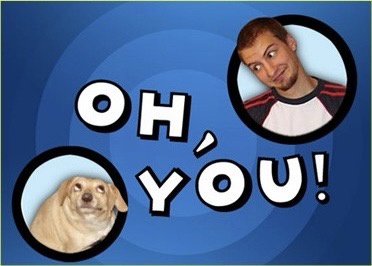 A blue background with two circular cutouts: one shows a man with a smug, knowing expression, and the other shows a dog with…