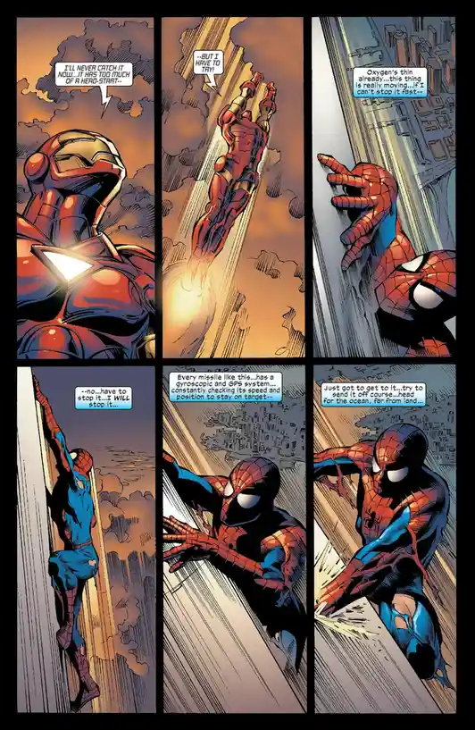 A comic book panel sequence shows Iron Man flying upward, then Spider-Man scaling a skyscraper while trying to intercept a…