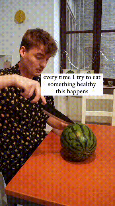 A six-panel comic strip shows a man attempting to eat healthy food: cutting a watermelon, slicing tomatoes, and then being…
