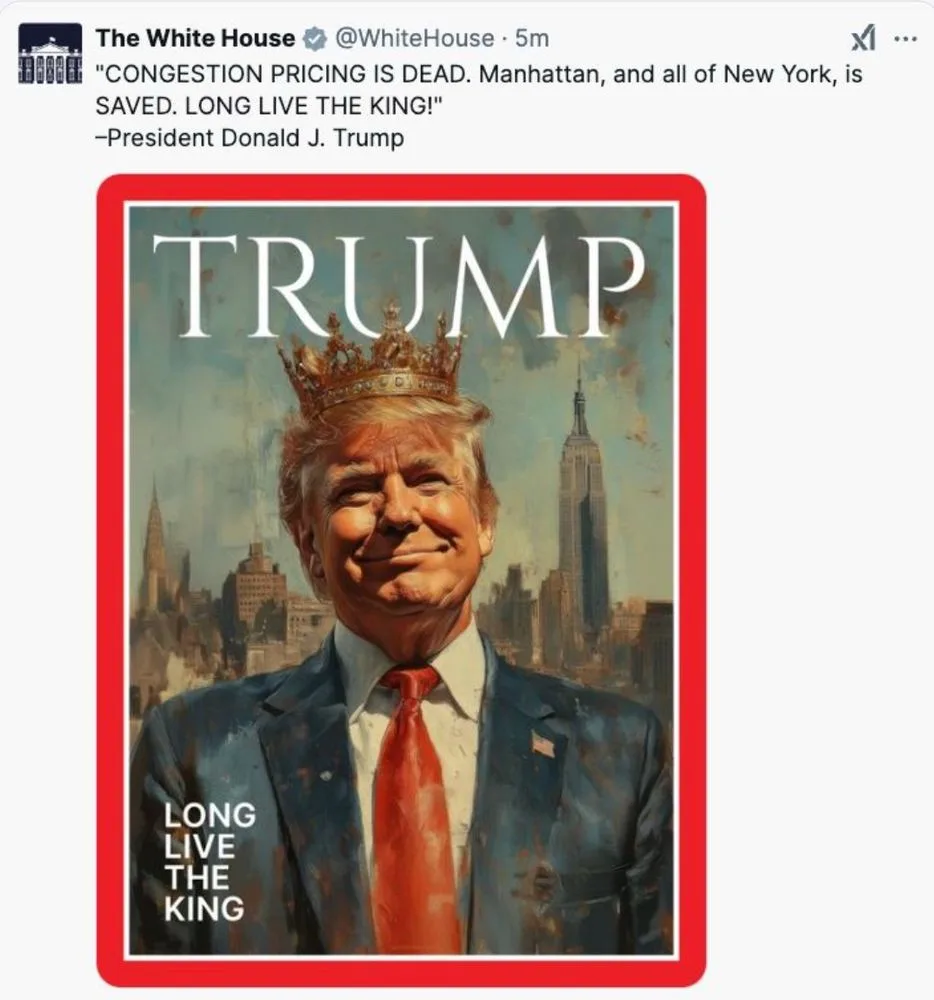 A digitally altered magazine cover-style image shows Donald Trump wearing a golden crown, smiling, against a New York City…
