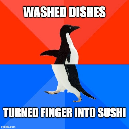 A penguin stands against a red and blue background, split horizontally. The top half has the text 'WASHED DISHES' and the…