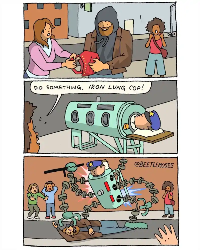 A three-panel comic shows a woman being robbed by a hooded man while another woman watches. A bystander yells at a police…