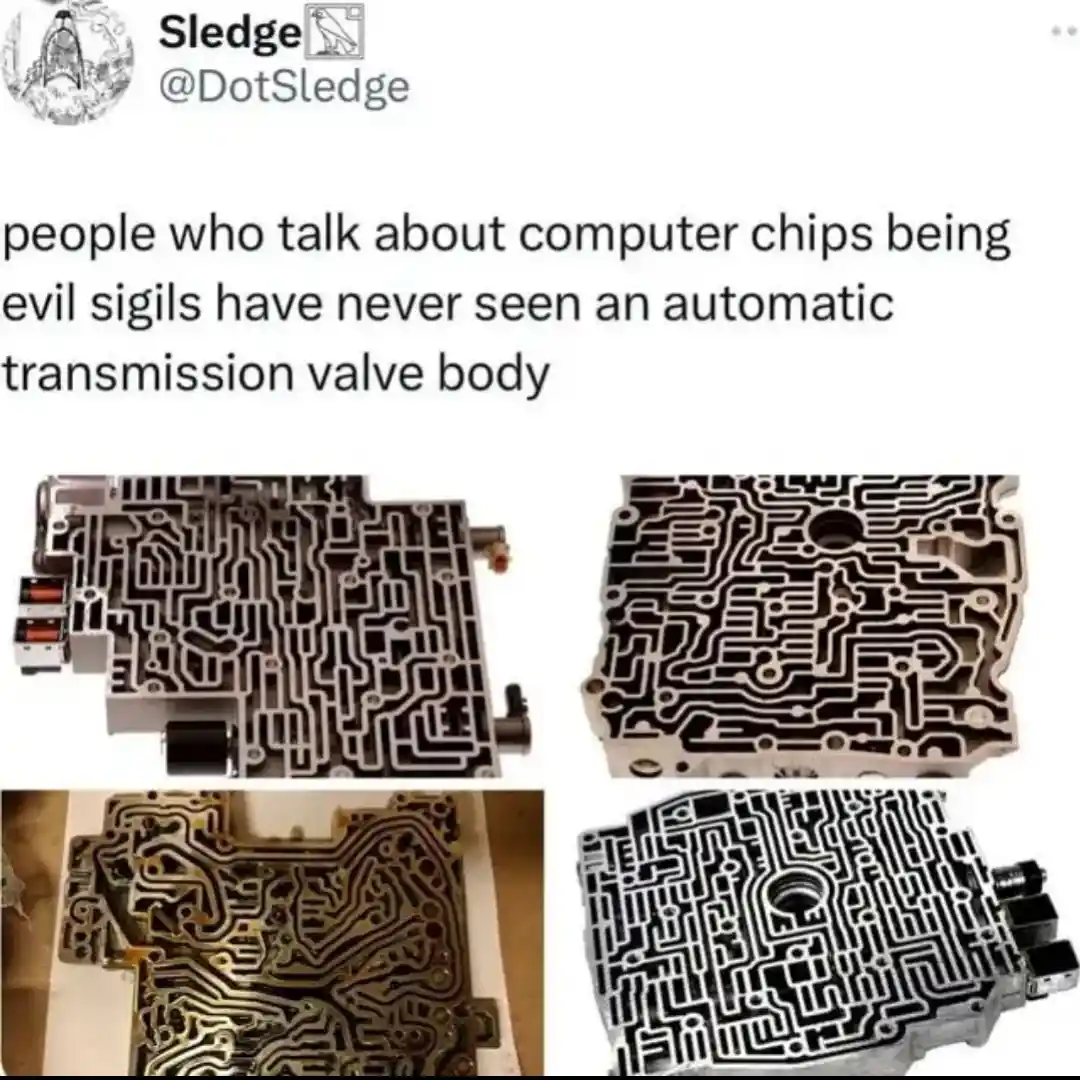 The image displays four photographs of an automatic transmission valve body, which has a complex, maze-like internal…
