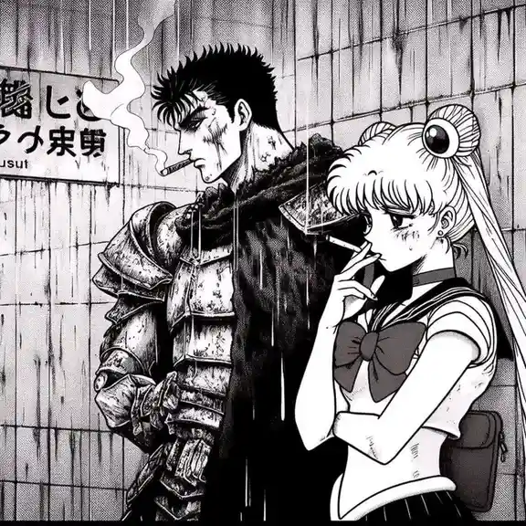 A black-and-white manga panel shows two anime characters, Guts from Berserk and Sailor Moon, standing side-by-side in the…