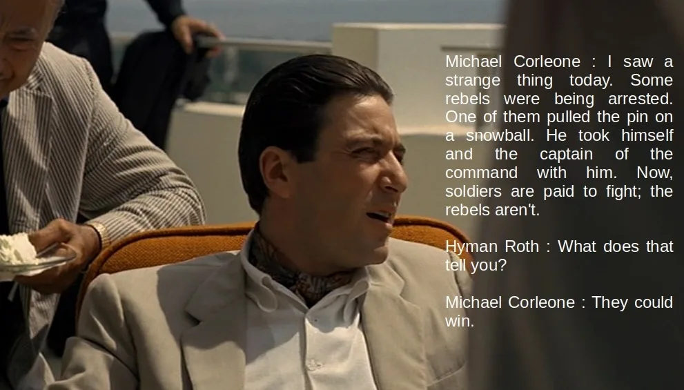 A still from The Godfather showing Michael Corleone seated, looking thoughtful, as overlaid text presents a fictional…
