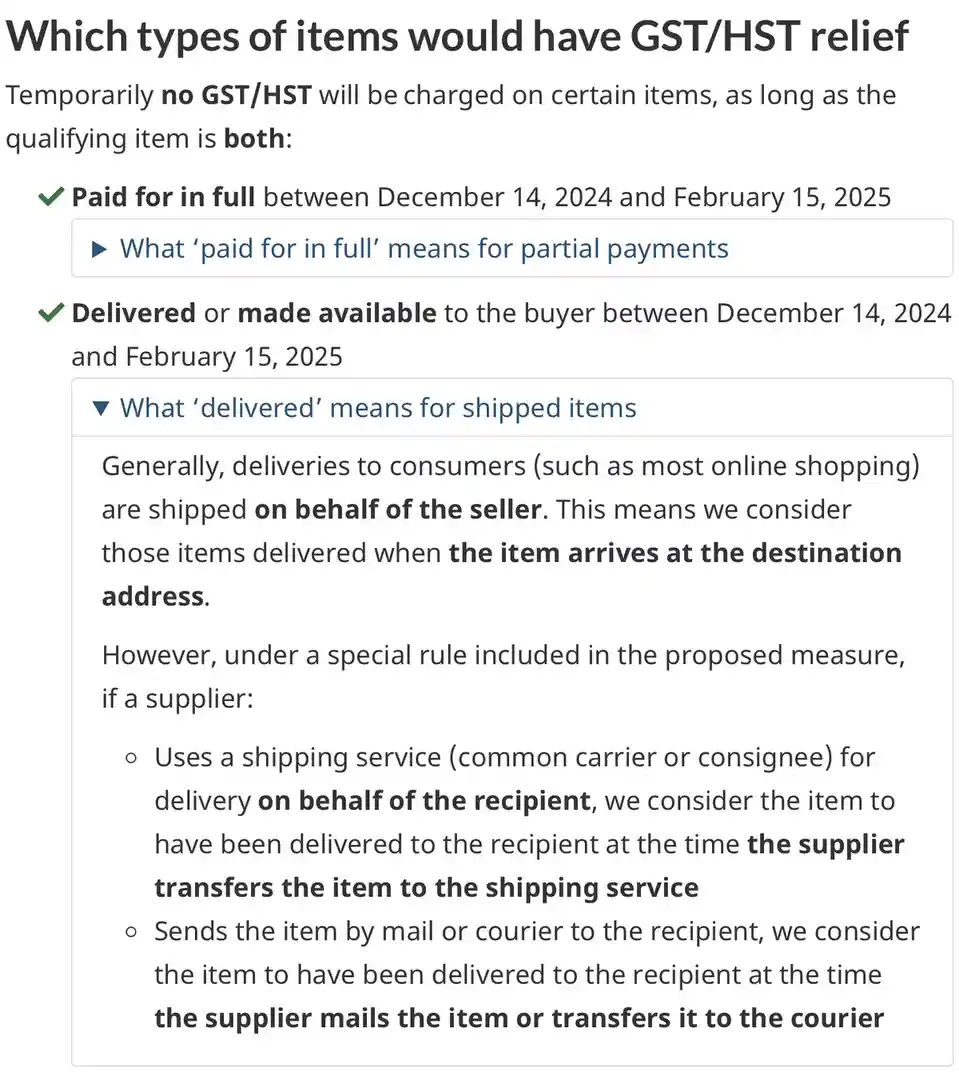 A screenshot of a government webpage detailing GST/HST relief conditions for items paid for and delivered between December…