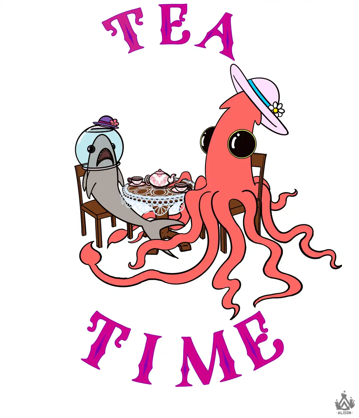 A cartoonish pink octopus wearing a pink hat with a flower and sunglasses sits at a tea table with a shark in a fishbowl…