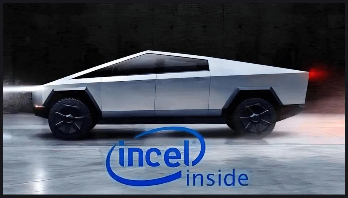 A silver, angular Tesla Cybertruck is shown in profile against a dark, textured background with motion blur effects. The…