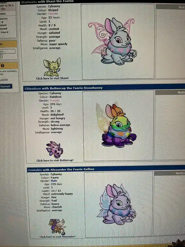 A screenshot from the game Neopets displays three pet profiles, each showing a Cybunny with its stats and a small icon. The…