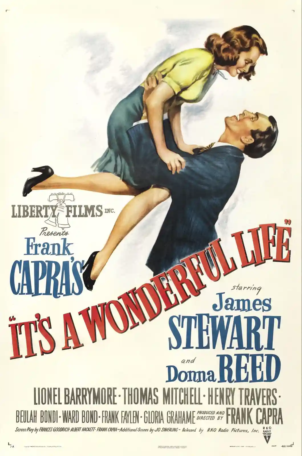 A vintage 1946 movie poster for Frank Capra's 'It's a Wonderful Life' shows a man in a suit joyfully lifting a smiling woman…