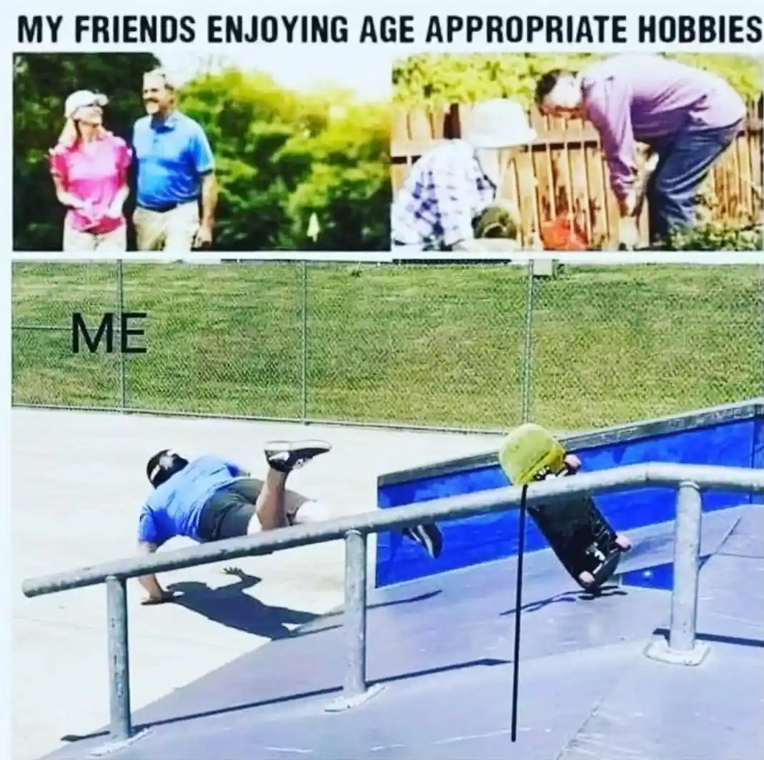 The image is a two-panel meme. The top panel shows two older adults, a man and a woman, engaged in leisurely activities like…