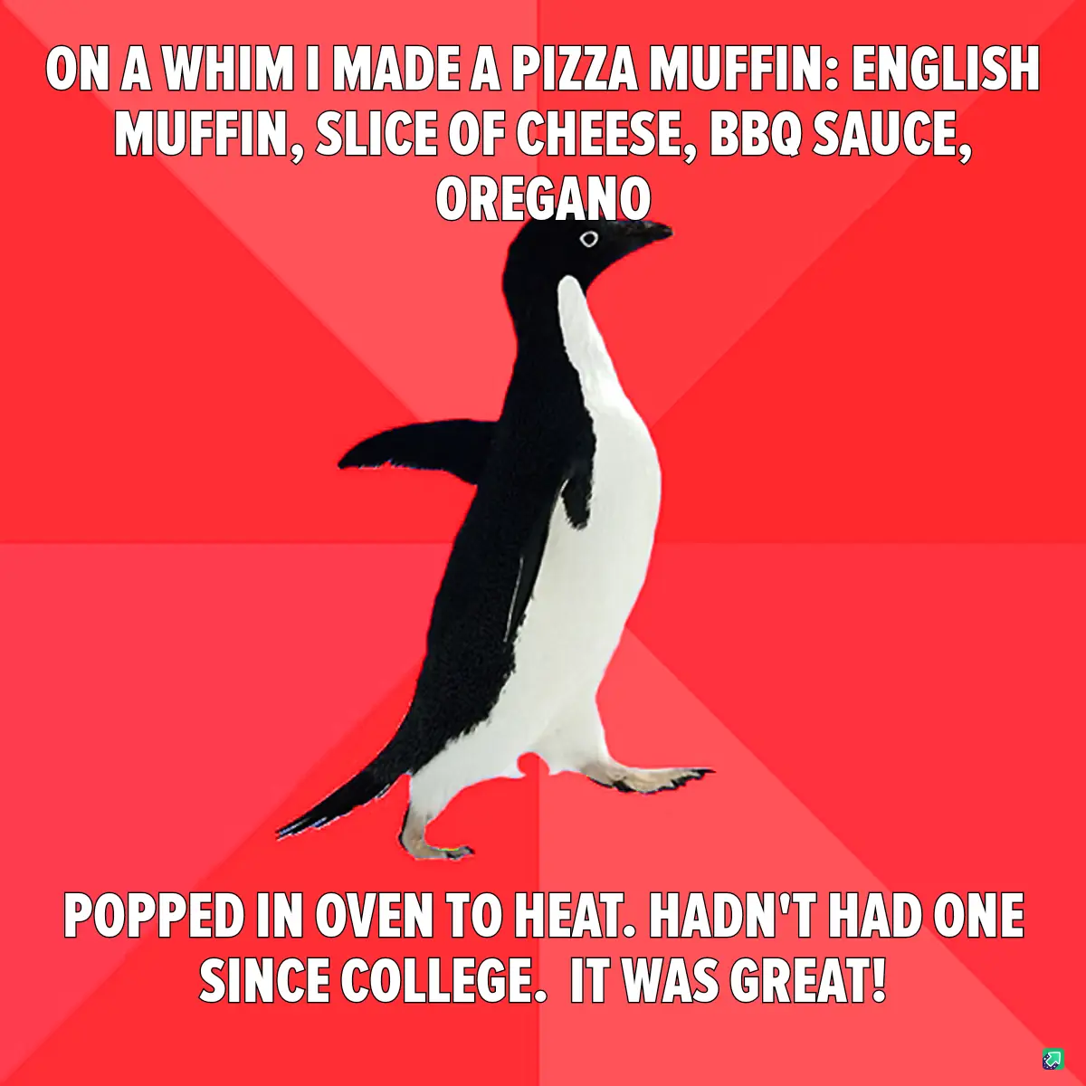 A black-and-white penguin stands against a red background with white text describing making a pizza muffin from an English…