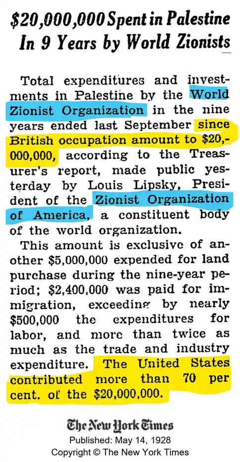 A 1928 New York Times article excerpt with key phrases highlighted in blue and yellow, detailing $20 million spent by the…