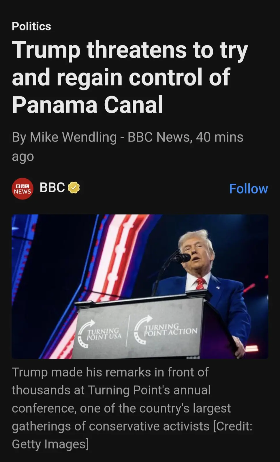 A screenshot of a BBC News article headline about Trump threatening to try and regain control of the Panama Canal, featuring…
