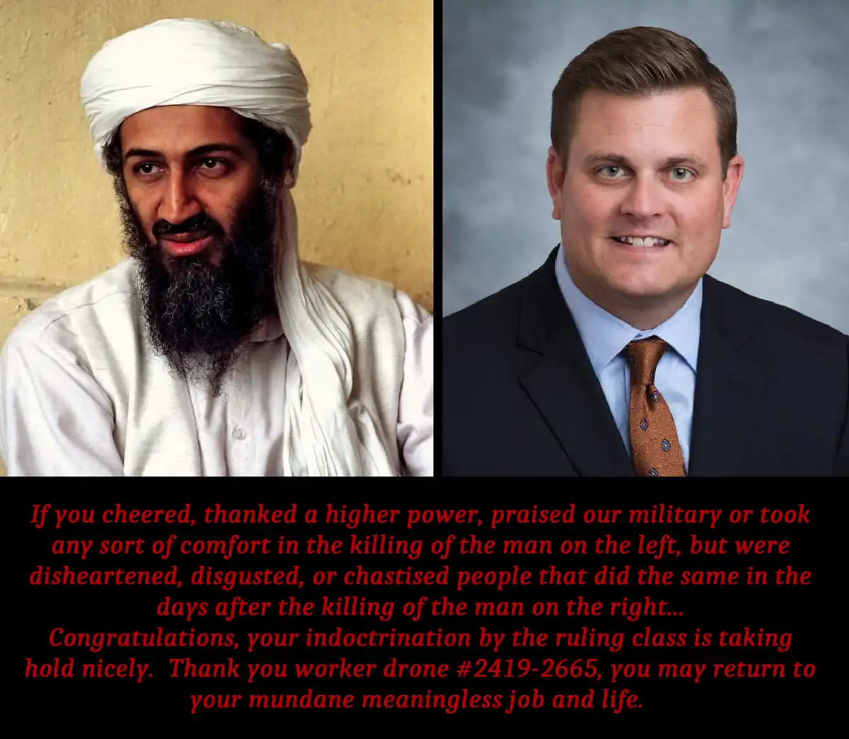 The image displays two side-by-side portraits: on the left, Osama bin Laden wearing a white turban and robe, and on the…