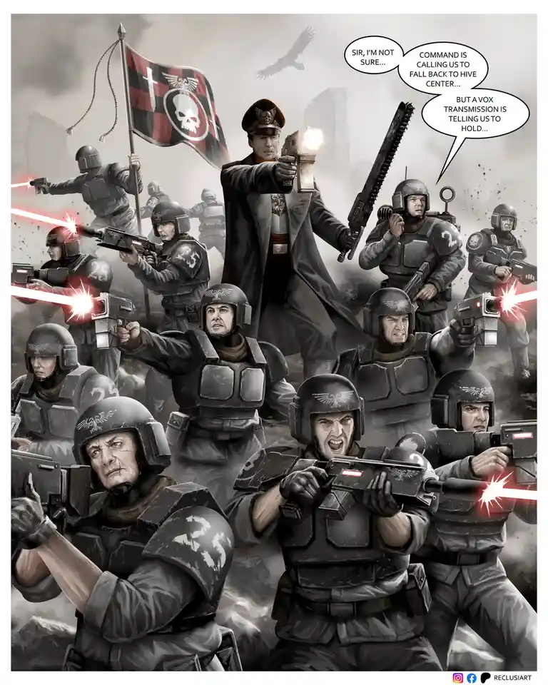 A grayscale illustration depicts a group of soldiers in futuristic armor firing weapons with red laser beams, led by a…