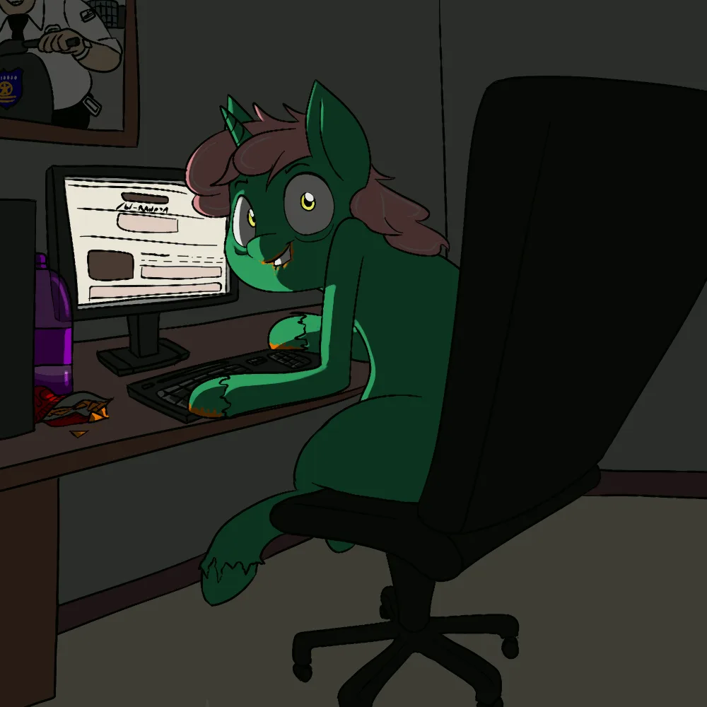 A green cartoon pony with brown mane sits at a desk in a dimly lit room, typing on a keyboard in front of a computer monitor…