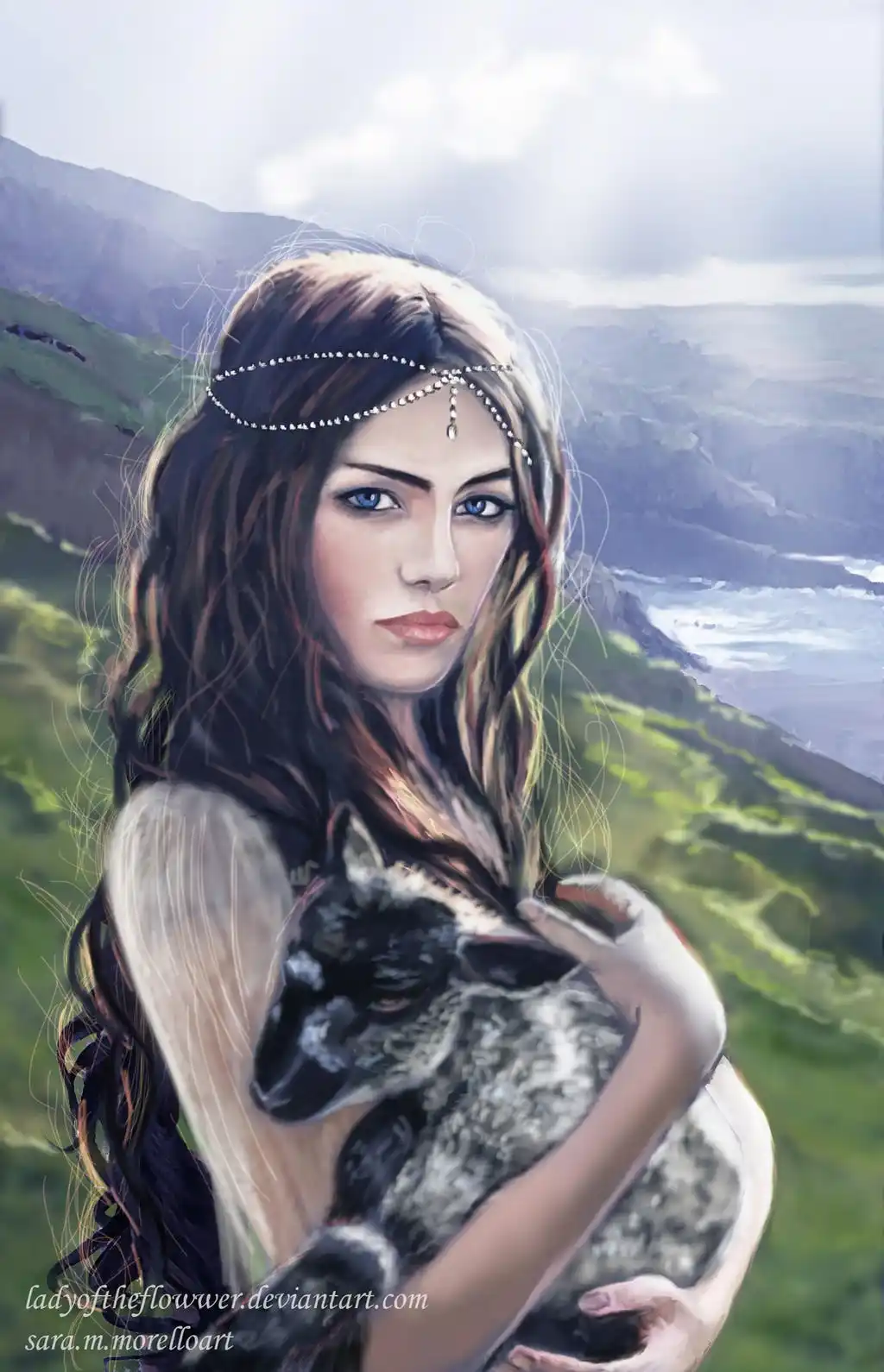 A digital painting shows a woman with long dark hair and a jeweled headband holding a small black and white lamb against a…