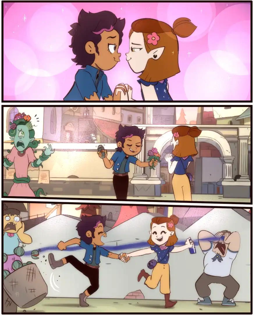 A three-panel comic strip from 'The Owl House' shows a romantic moment between two characters, followed by the male…