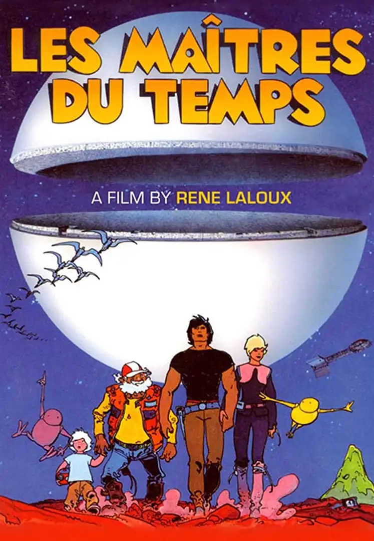 The image is a movie poster for 'Les Maîtres du Temps' (The Masters of Time), directed by René Laloux. It features a large…