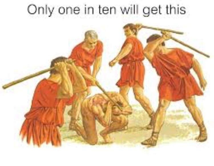 An illustration depicts five men in red togas, some holding spears, surrounding a kneeling man who is covering his eyes. The…