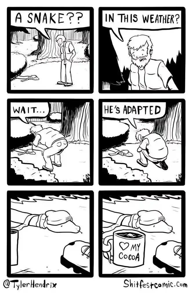 A six-panel comic strip shows a man reacting to a snake in the woods, initially shocked, then realizing it's adapted to the…