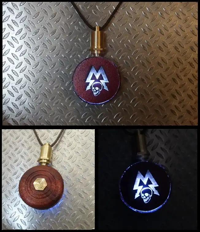a three-panel image shows a wooden pendant necklace with a brass top; the top panel displays the pendant with a glowing red…