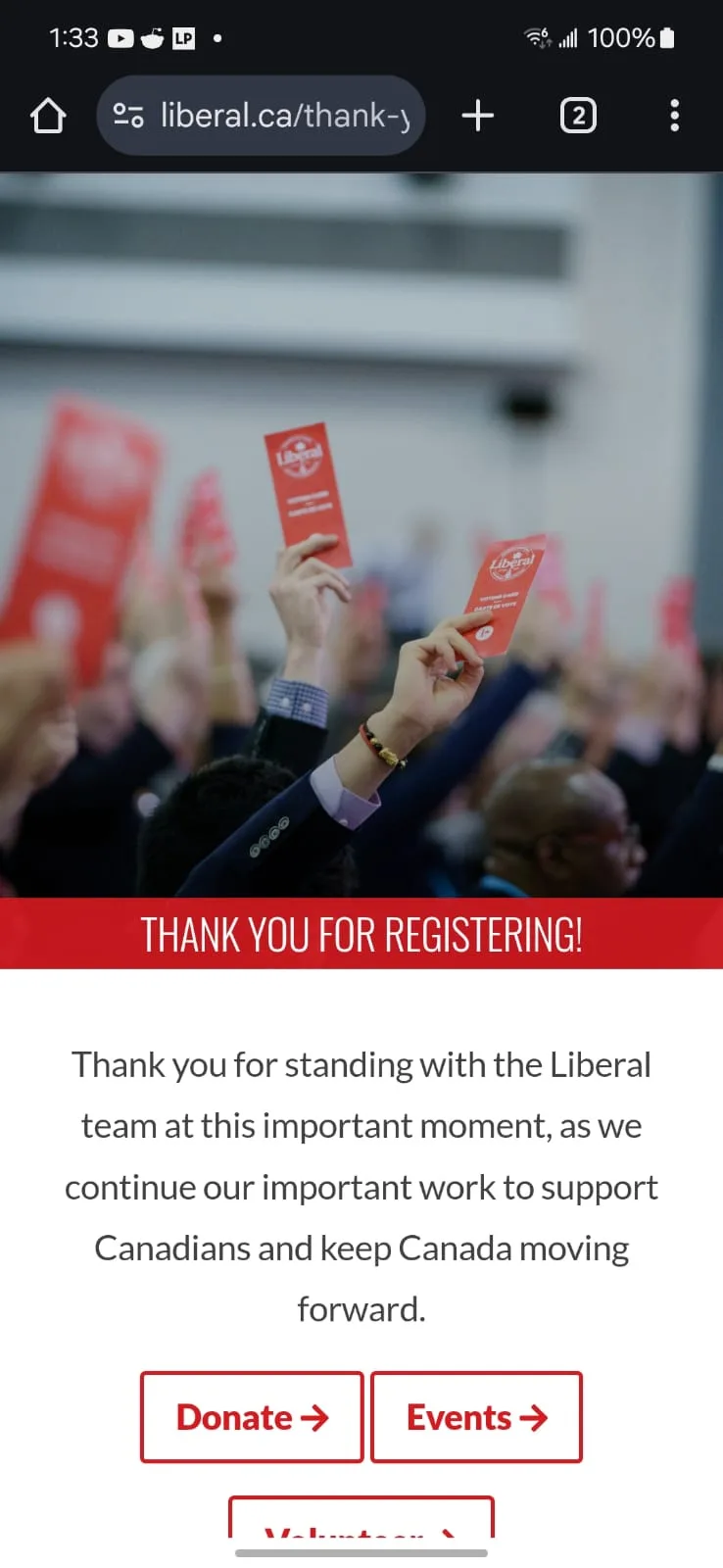 A screenshot of a Canadian Liberal Party website registration confirmation page, showing a red banner with 'THANK YOU FOR…