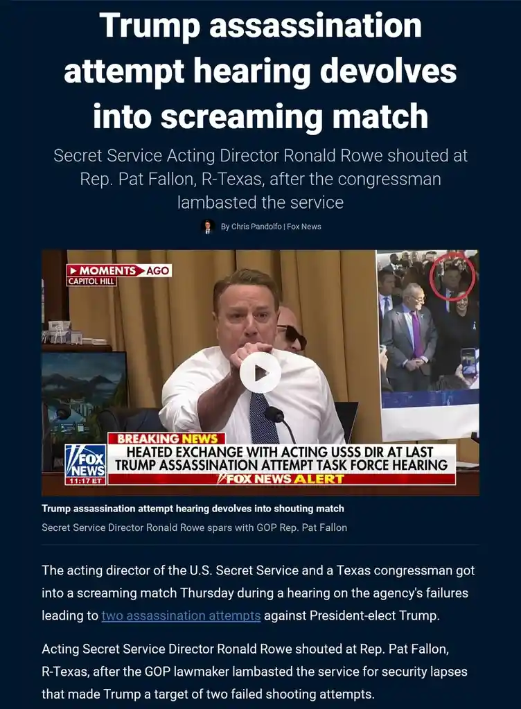 A screenshot of a Fox News article shows a man in a white shirt and tie shouting at a hearing, with a 'BREAKING NEWS' banner…
