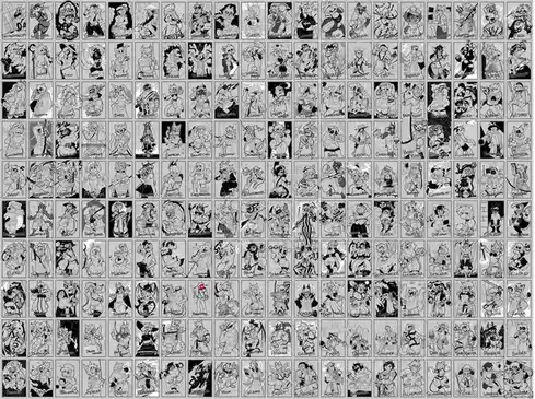 A large grid of black-and-white character illustrations, each depicting an anthropomorphic animal in a distinct fantasy role…