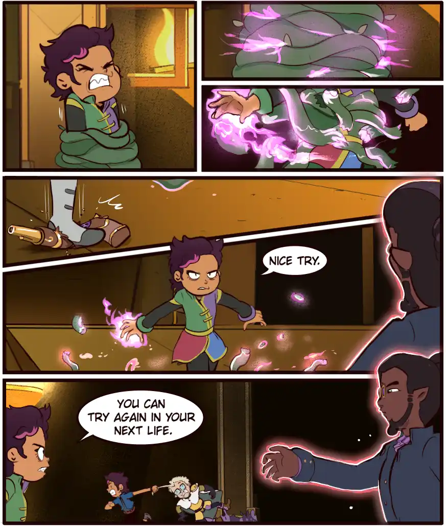A comic strip shows a young character with purple hair attempting to use magic, but failing spectacularly. The first panel…