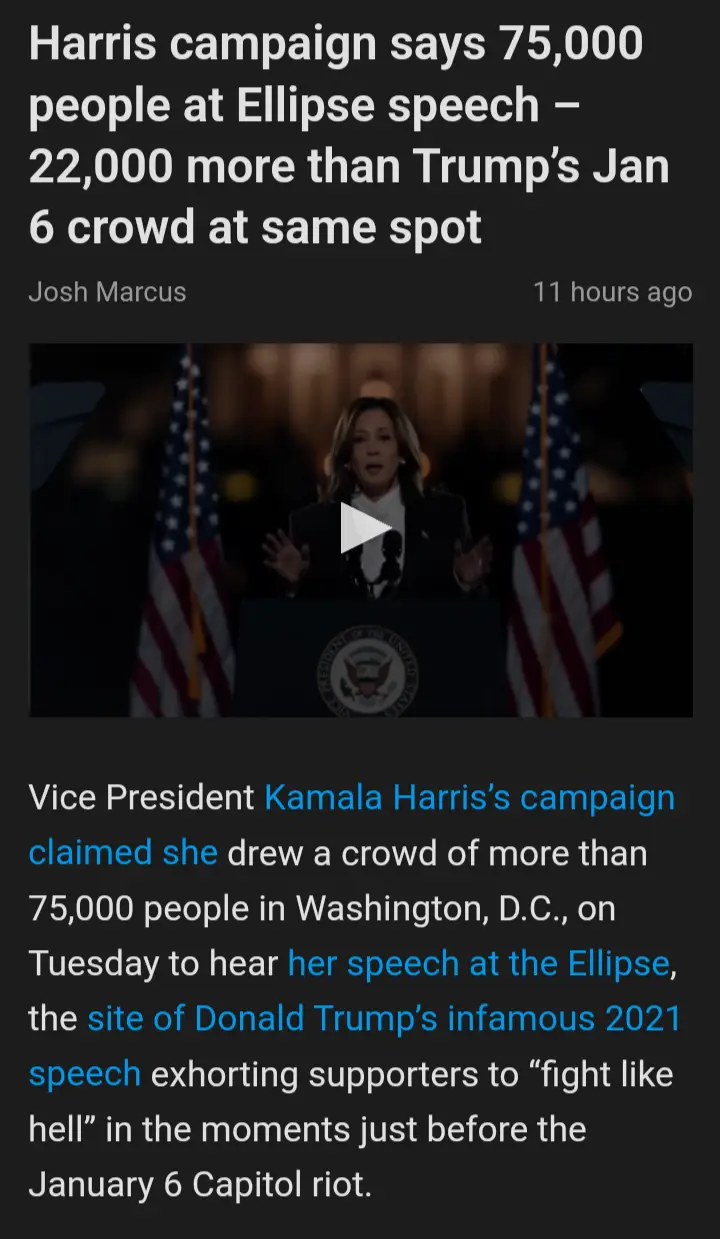 A screenshot of a news article showing a video thumbnail of Kamala Harris speaking at a podium with American flags on either…