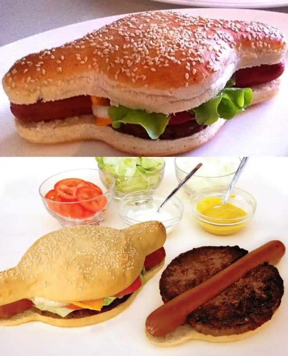 The image displays two food items, a burger and a hot dog, both shaped like chicken legs, presented on a white plate. The…