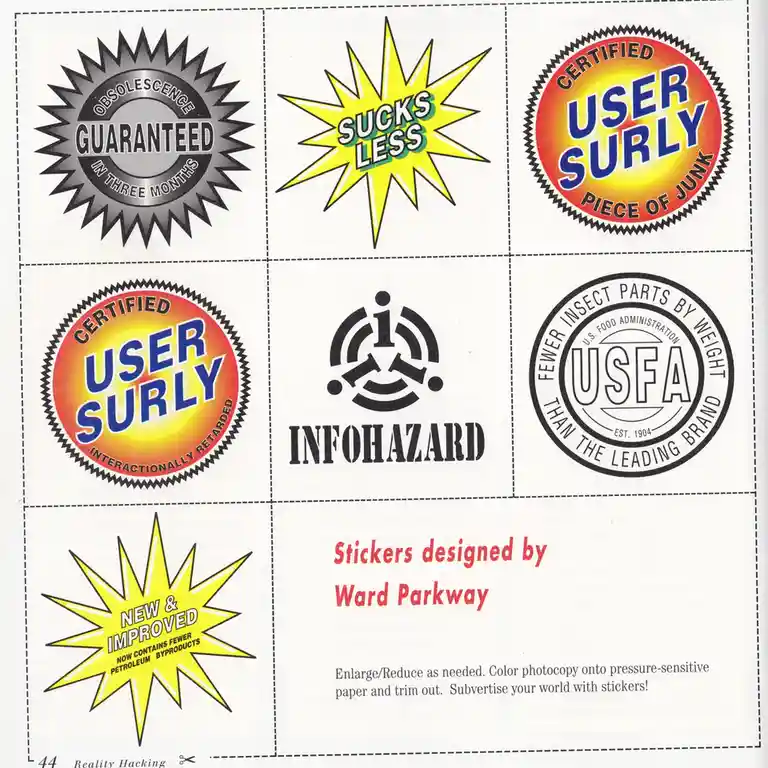 A grid of nine parody product stickers with absurd claims like 'Obsolescence Guaranteed in Three Months', 'Sucks Less'…