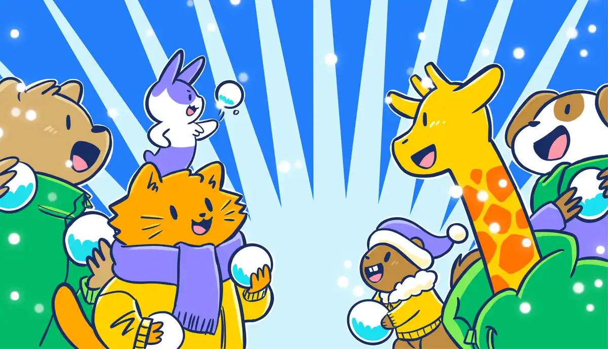 A colorful cartoon illustration shows several anthropomorphic animals—bear, cat, rabbit, giraffe, dog, and beaver—joyfully…
