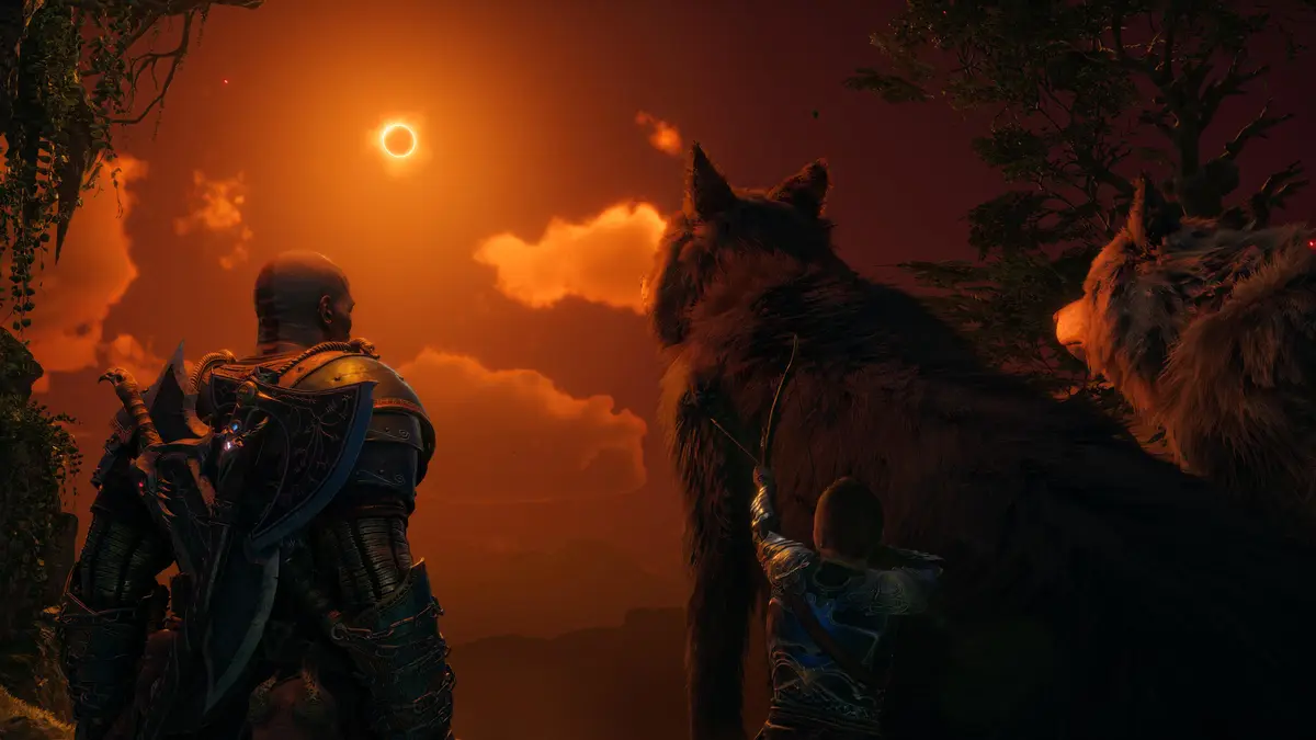 A screenshot from the video game God of War shows the protagonist Kratos and his son Atreus standing beside two large wolves…