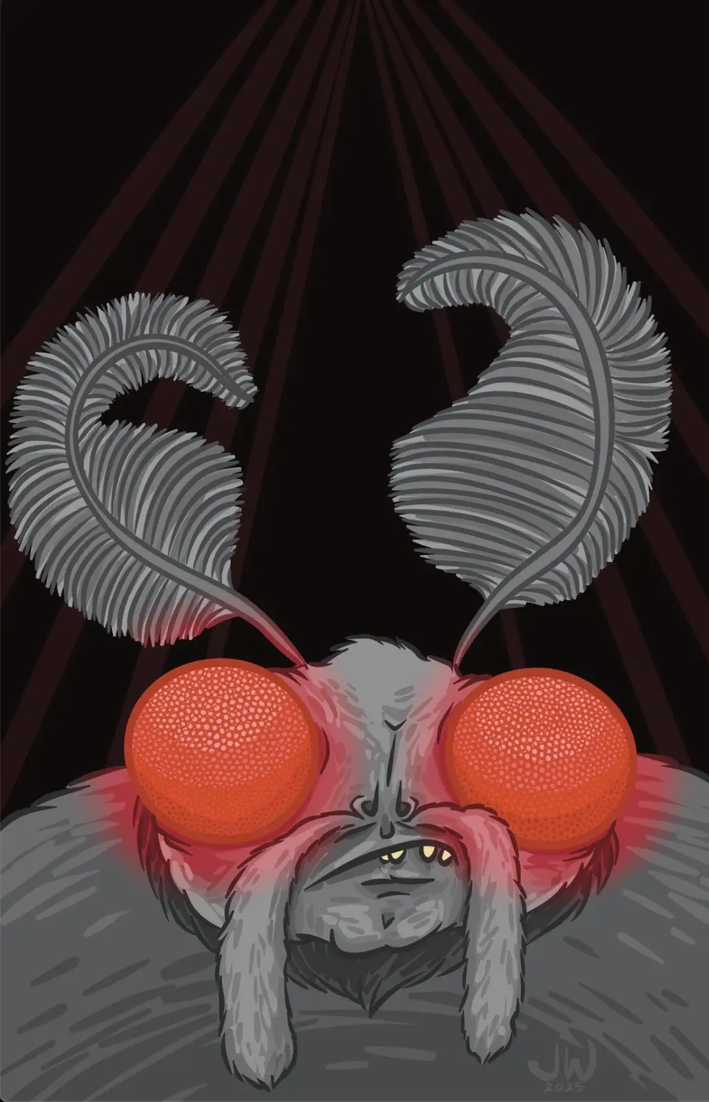 A digitally illustrated close-up of a grey, furry insectoid creature with large, glowing orange compound eyes and feathery…