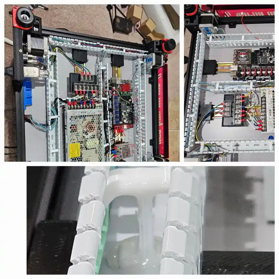 this image collage shows the internal components of a 3d printer housed in a custom 3d printed enclosure, featuring a power…