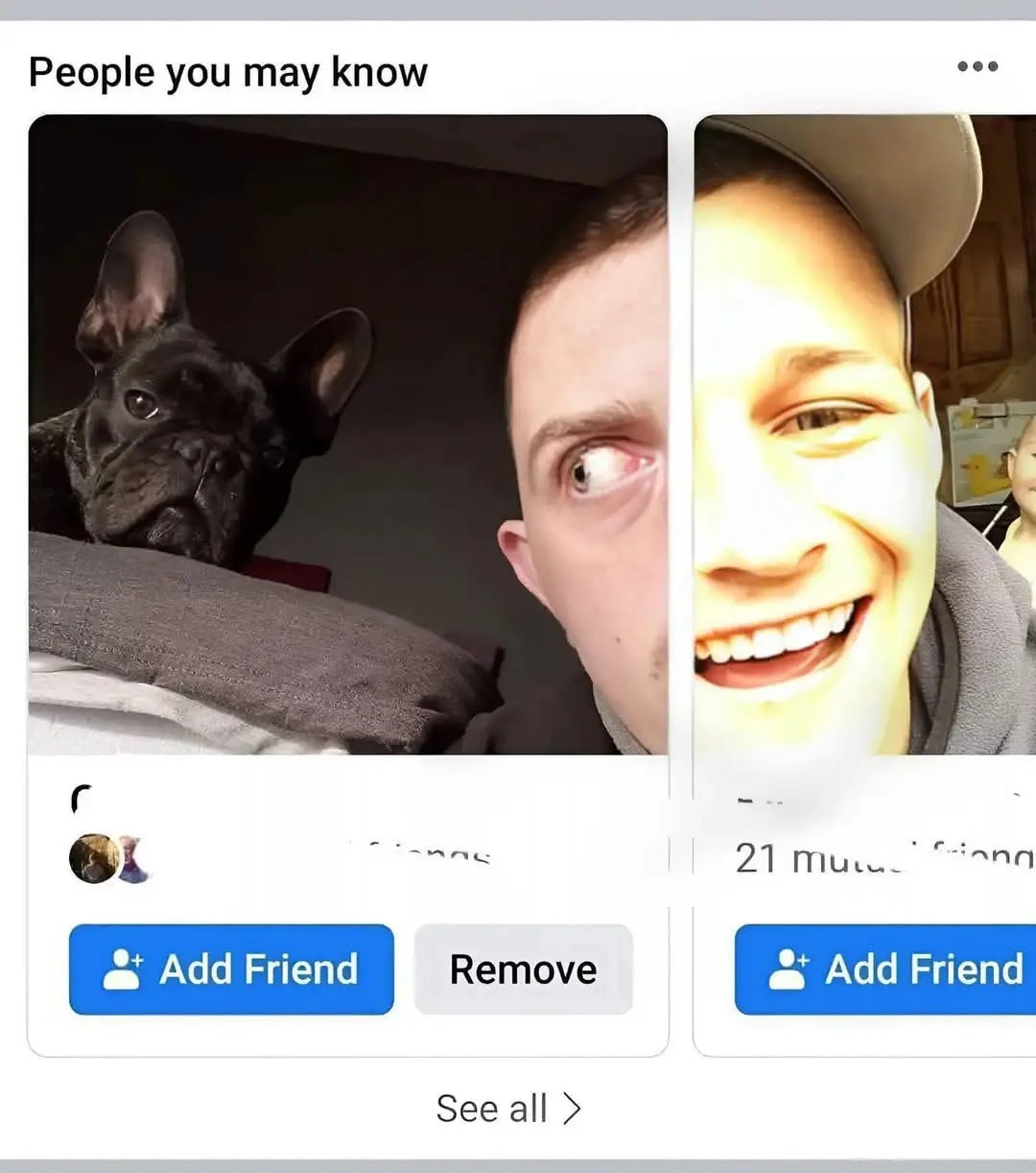 A screenshot of a Facebook 'People you may know' suggestion page showing two profile cards. The left card features a black…