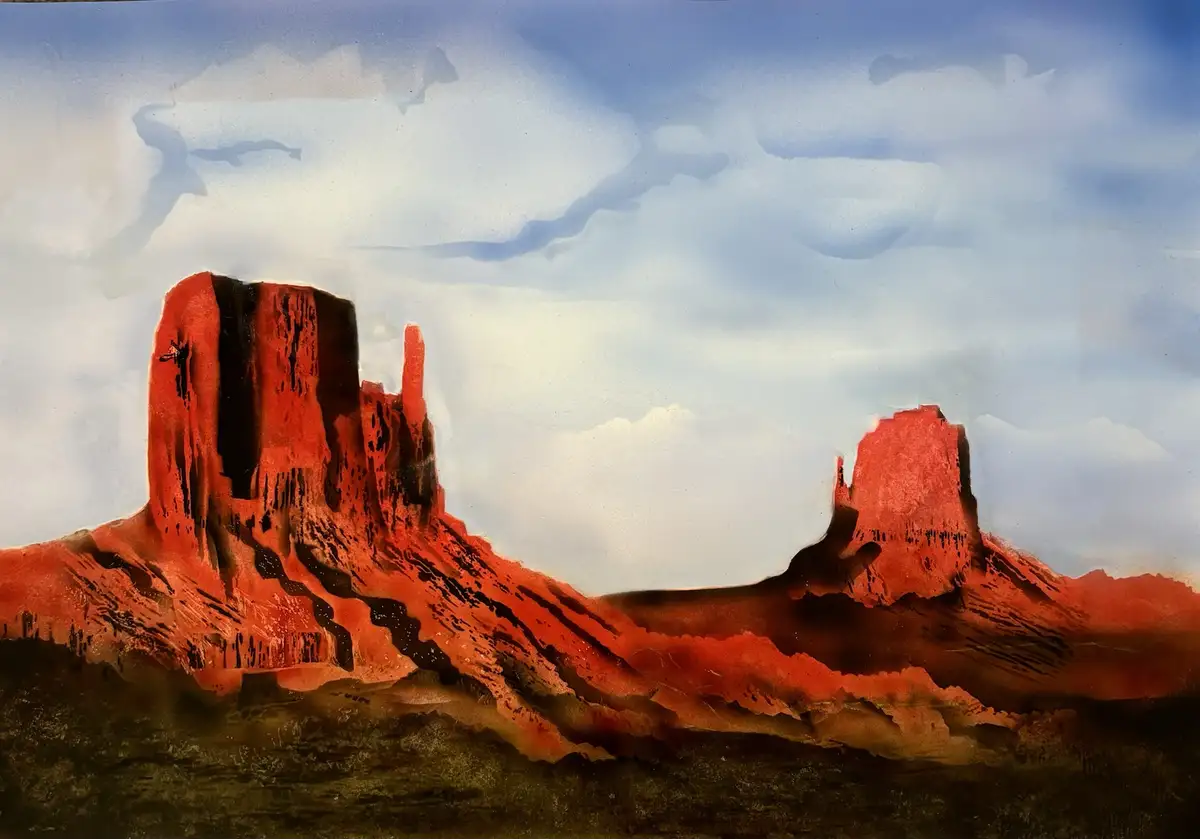 A watercolor painting depicts two large, red rock formations under a cloudy sky, with a small black silhouette of a person…