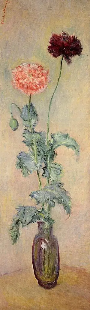 An oil painting depicts two poppies in a vase, one pink and one dark red, with green stems and leaves against a beige…
