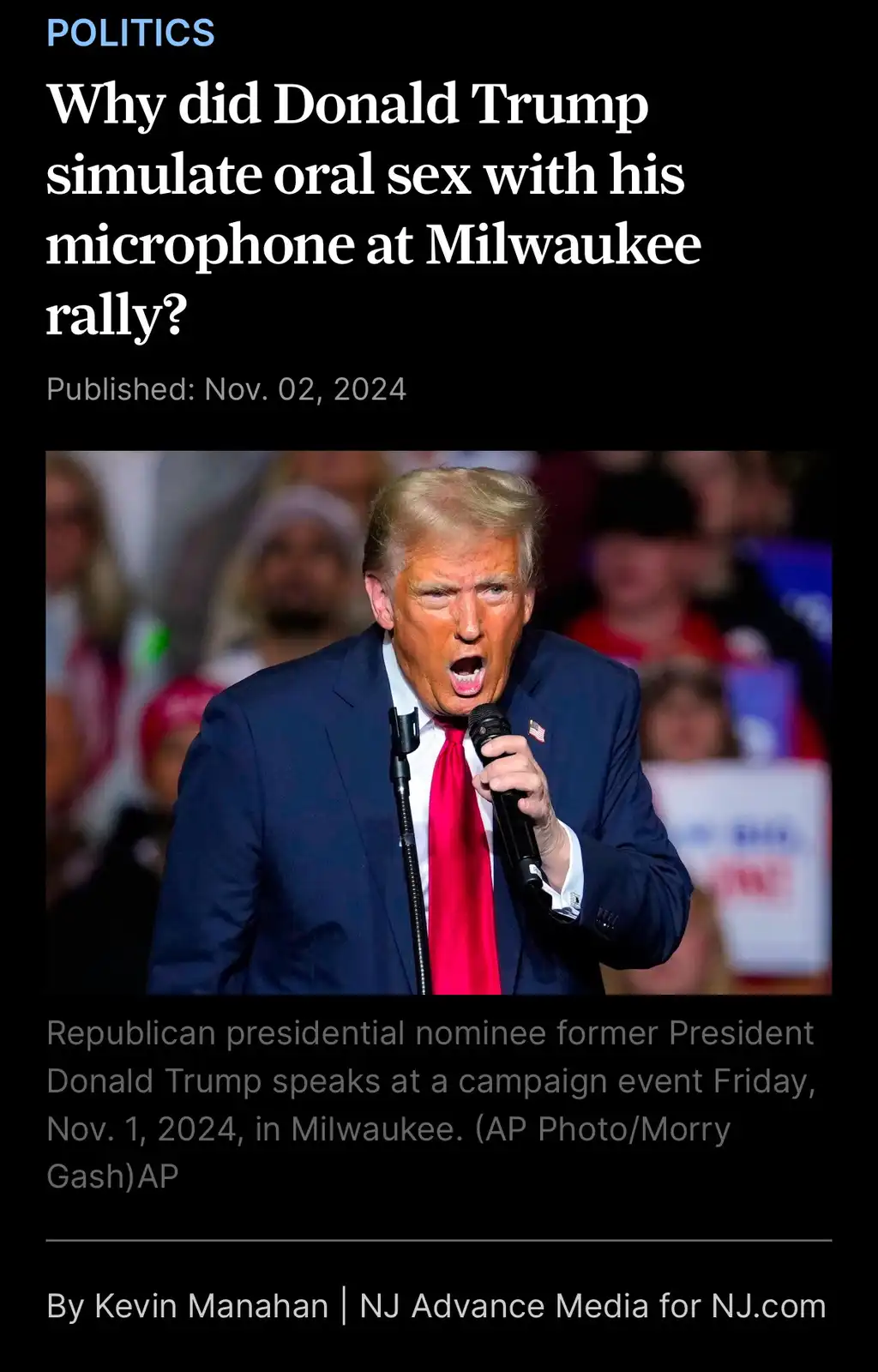The image shows Donald Trump at a rally, holding a microphone and yelling with his mouth wide open. The overlaid text reads…