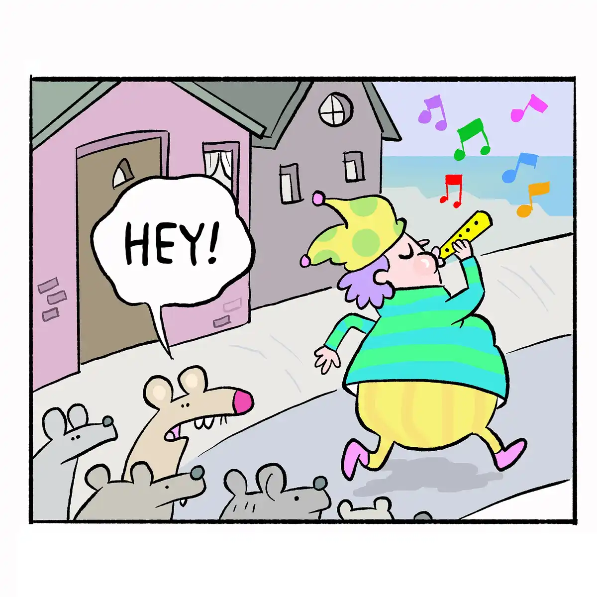 A cartoon clown in a green and blue striped shirt and yellow polka-dot hat runs joyfully down a street while playing a…