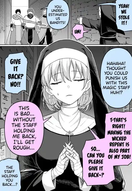 A manga panel shows a nun holding a magic staff, surrounded by bandits who stole it. She calmly explains that her job…