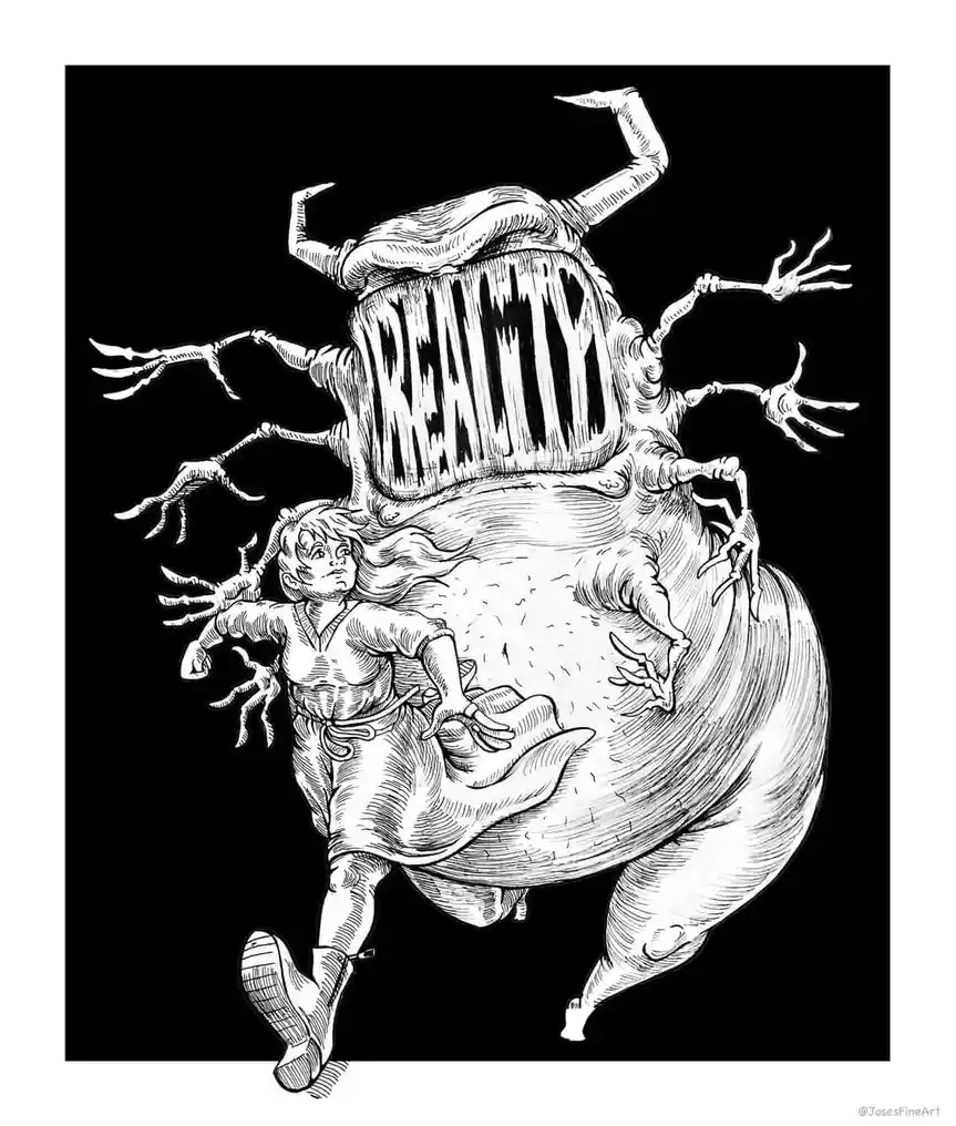 A black-and-white ink drawing shows a small, terrified-looking person running away from a monstrous, multi-limbed creature…