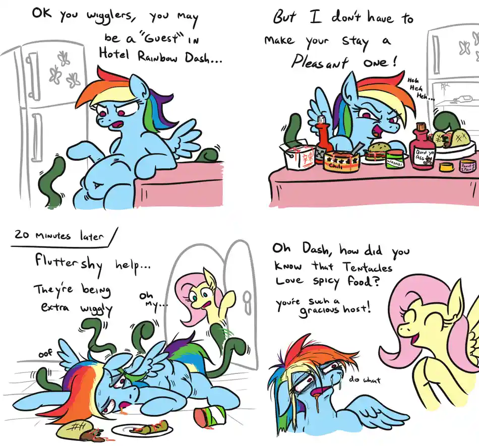 A four-panel comic featuring Rainbow Dash hosting tentacled guests in her hotel room. She initially warns them they're…