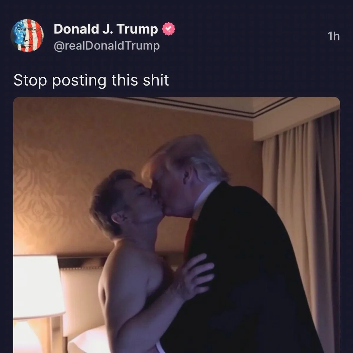 The image shows a screenshot of a social media post attributed to Donald J. Trump, featuring a photo of him kissing a…